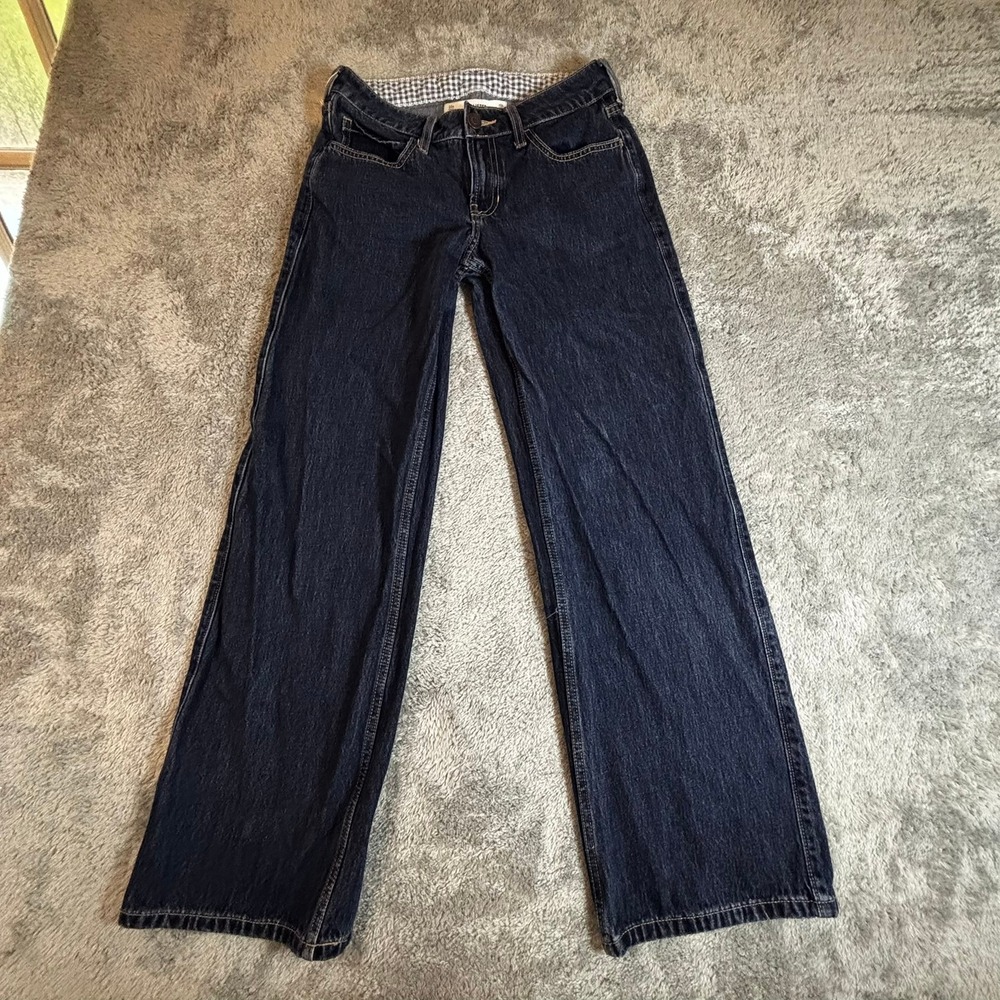 Hollister Low-Rise Baggy Jeans Dark Wash W24 00R Gingham Waistband Wide Leg